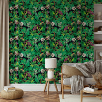 A close-up of the detailed texture in the green botanical design.

