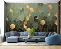 Green geometric hexagonal wallpaper mural design A194
