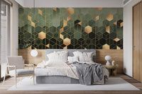 Green and geometric hexagonal wallpaper mural design A194