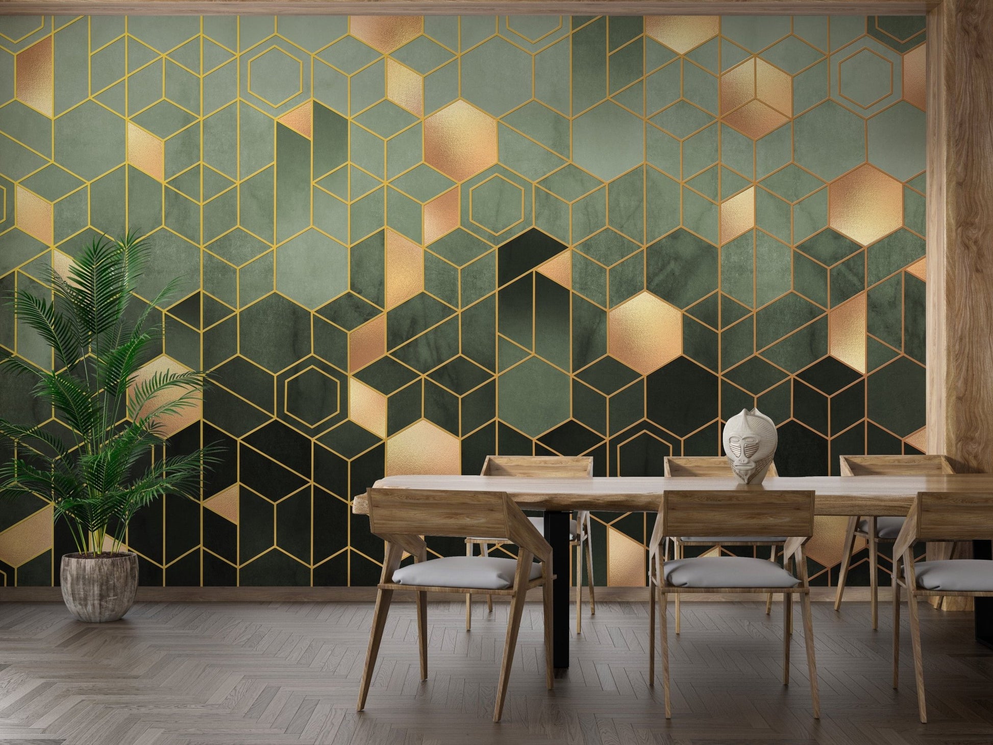 Geometric hexagonal green wallpaper mural for walls A194