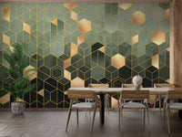 Geometric hexagonal green wallpaper mural for walls A194