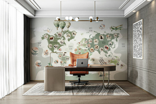 A beautiful, green world map with cartoon wildlife.

