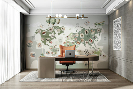 A beautiful, green world map with cartoon wildlife.

