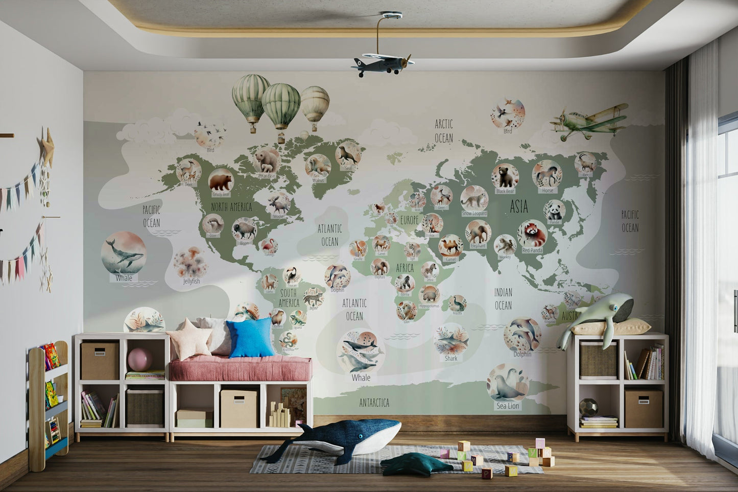 A living room featuring the animal map wall mural.

