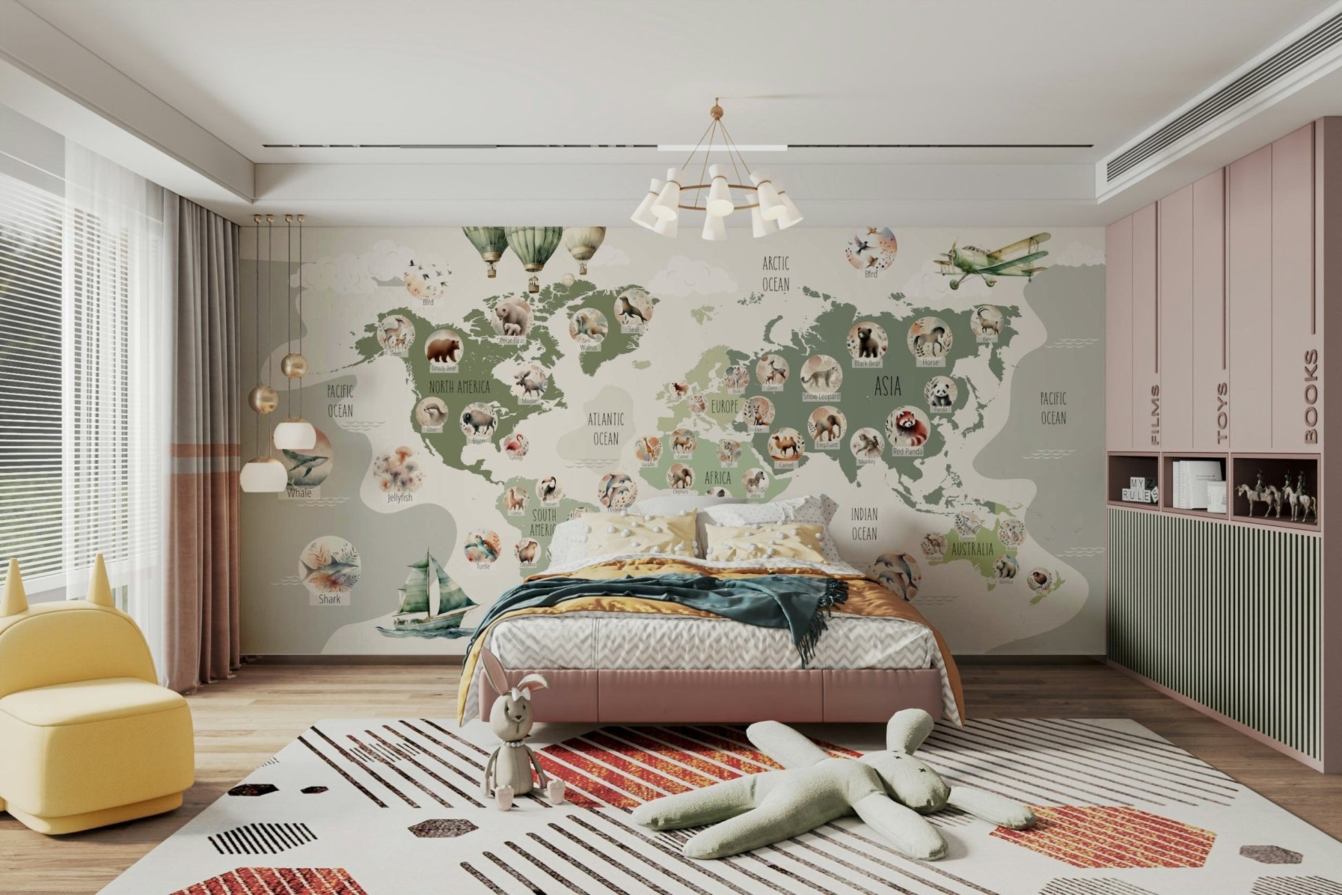 The wallpaper is used to create a feature wall in a children's room.

