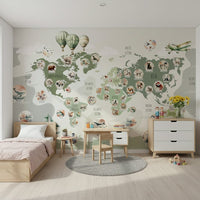 Green Globetrotter's World Map Wall Mural behind a wooden office desk.