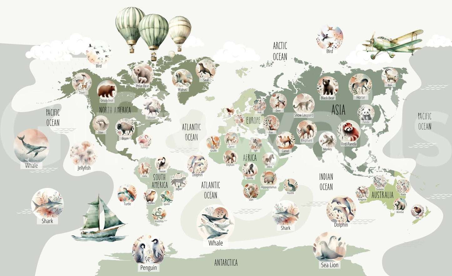 Cartography wall mural with a natural forest inspired colour palette.