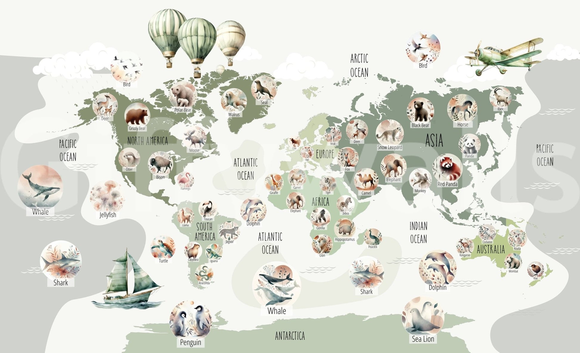 Cartography wall mural with a natural forest inspired colour palette.