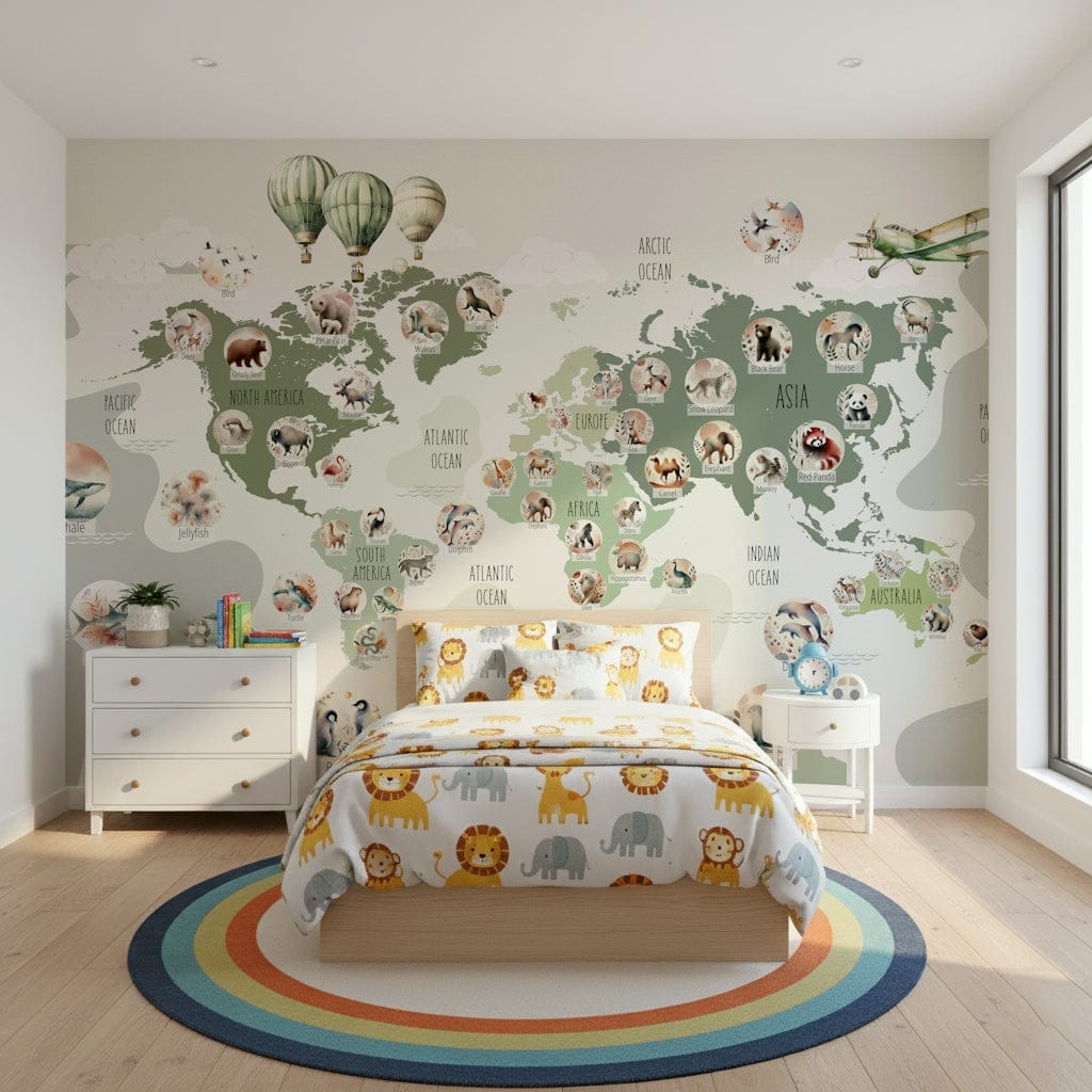 Educational world map wallpaper with eco-friendly style for playrooms.