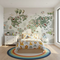 Educational world map wallpaper with eco-friendly style for playrooms.