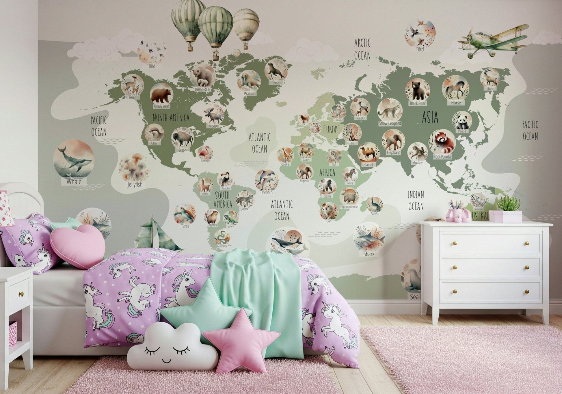 Green Globetrotter's World Map Wall Mural as a backdrop in a dining room.