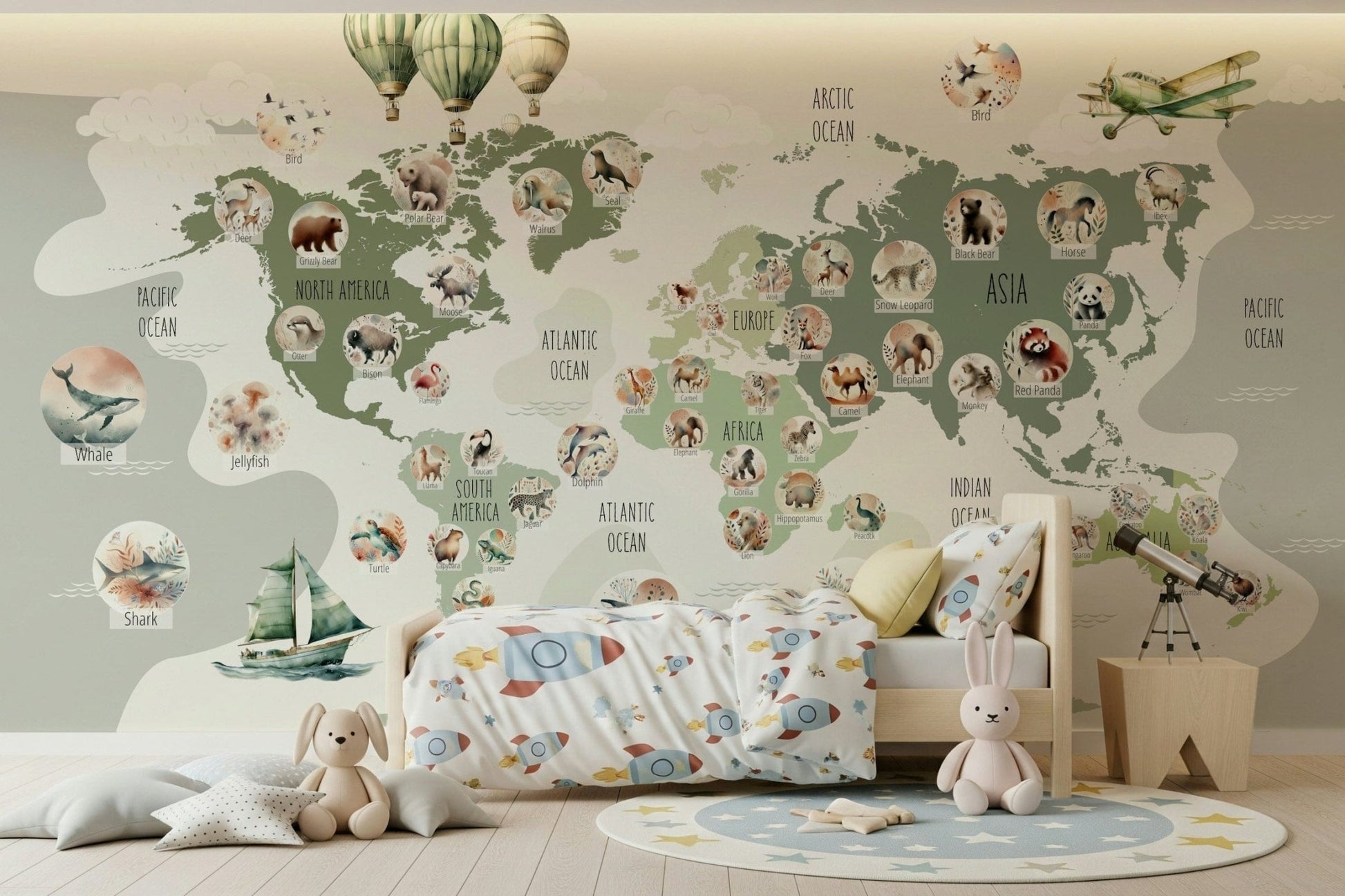 Lush green world map wall mural in a bright open plan living space.