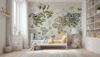 Large scale world map wallpaper featuring animal illustrations for kids.