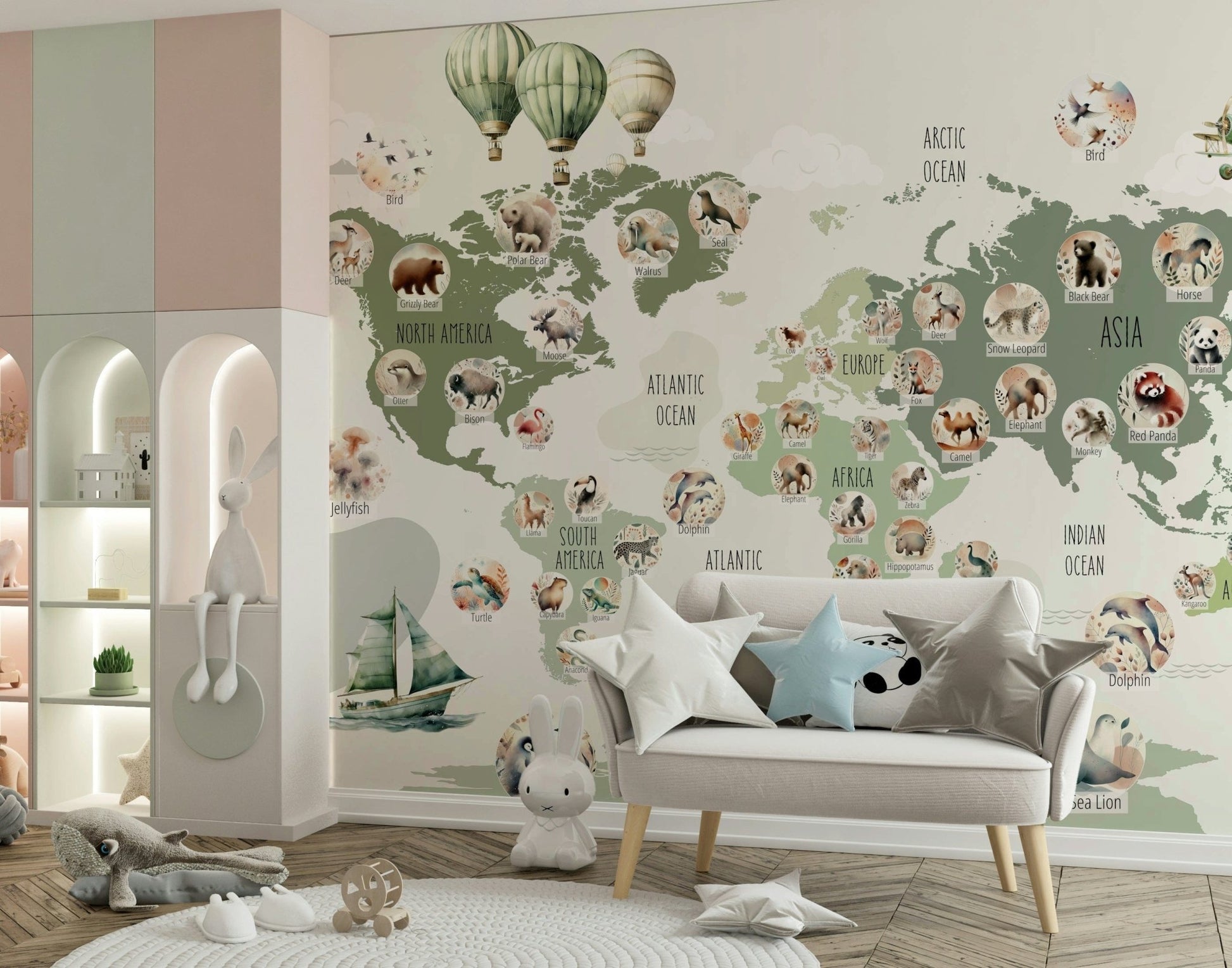 Nature themed map wall mural with green forest tones in a bedroom.