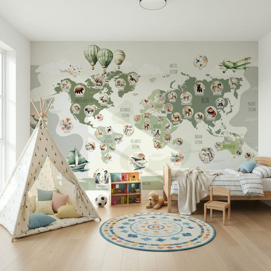 Detailed botanical world map wallpaper for a modern study area.