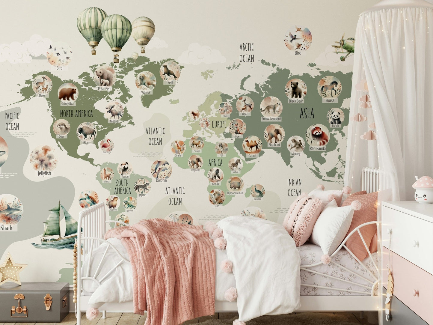 Green Globetrotter's World Map Wall Mural in a minimalist living room.