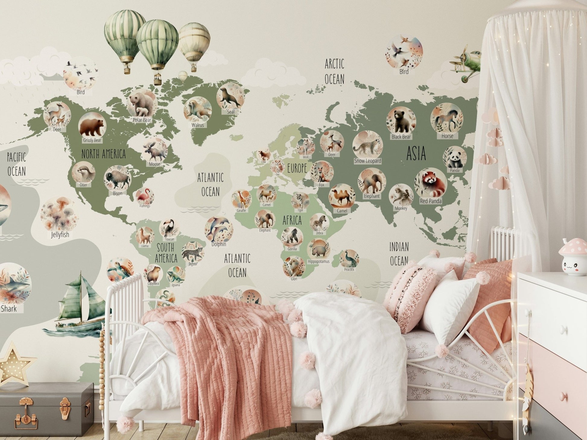 Green Globetrotter's World Map Wall Mural in a minimalist living room.