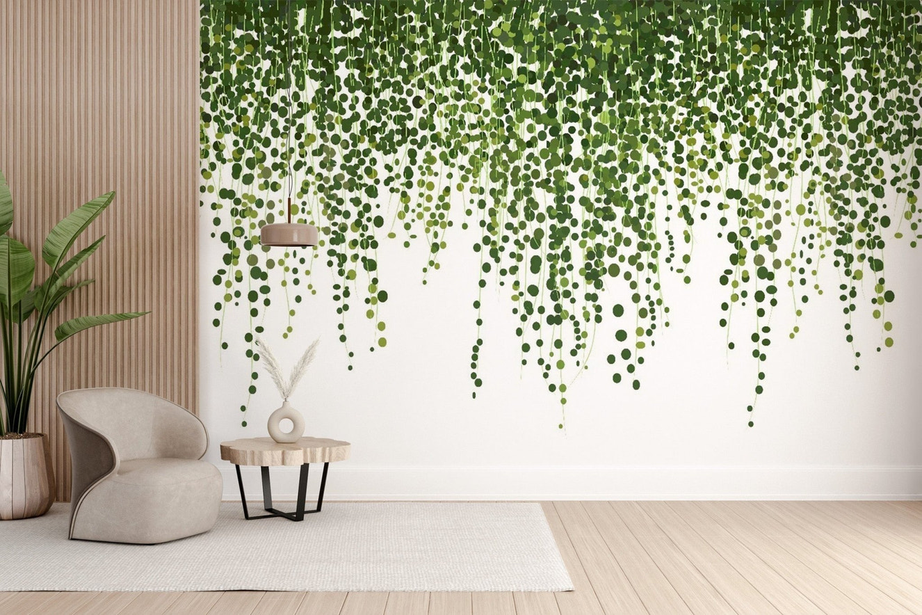 Lush green hanging ivy wallpaper design mural
