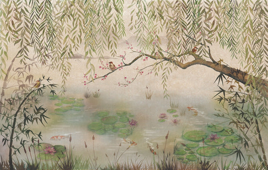 Green Hanging Leaves and Birds Wallpaper Murals A330