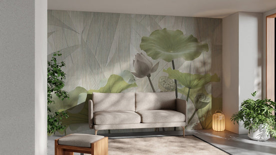 Green Haven Lotus wallpaper mural with serene lotus design B790