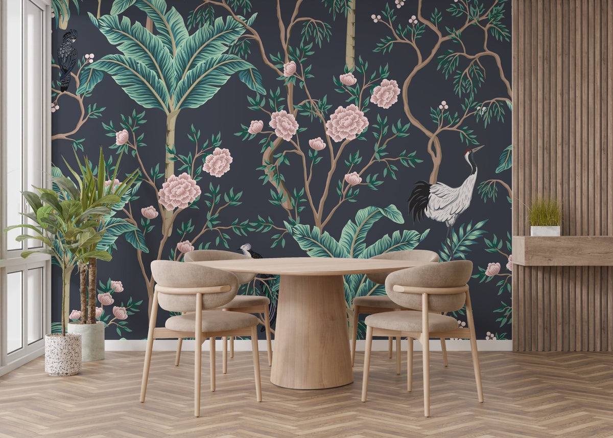 White birds and pink floral wallpaper mural A685
