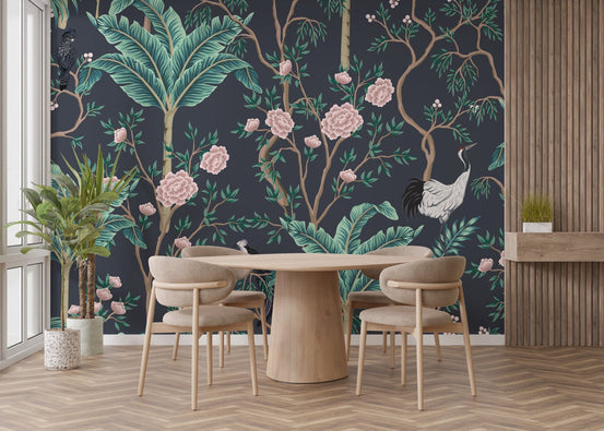 White birds and pink floral wallpaper mural A685
