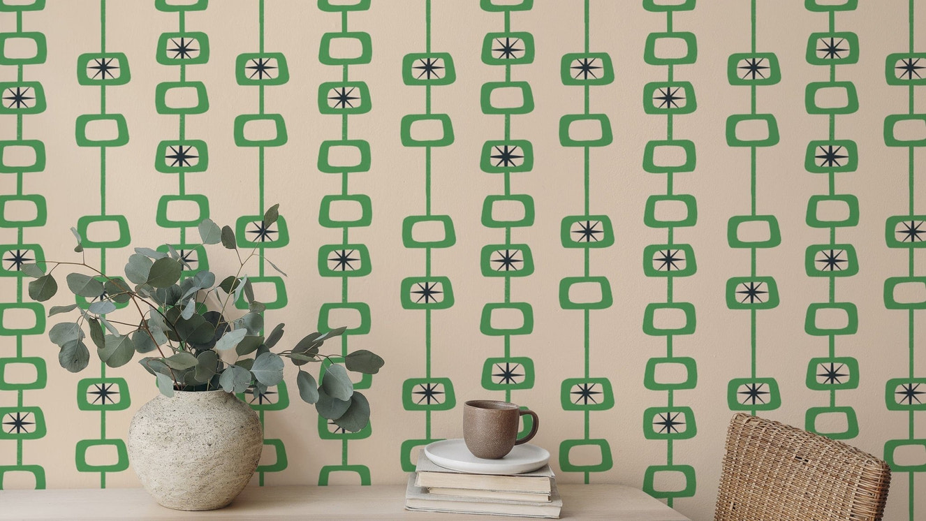 Green Linen Mid Century Atomic Orbs Wallpaper design
