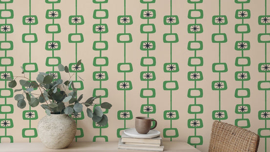 Green Linen Mid Century Atomic Orbs Wallpaper design, SUSCT04