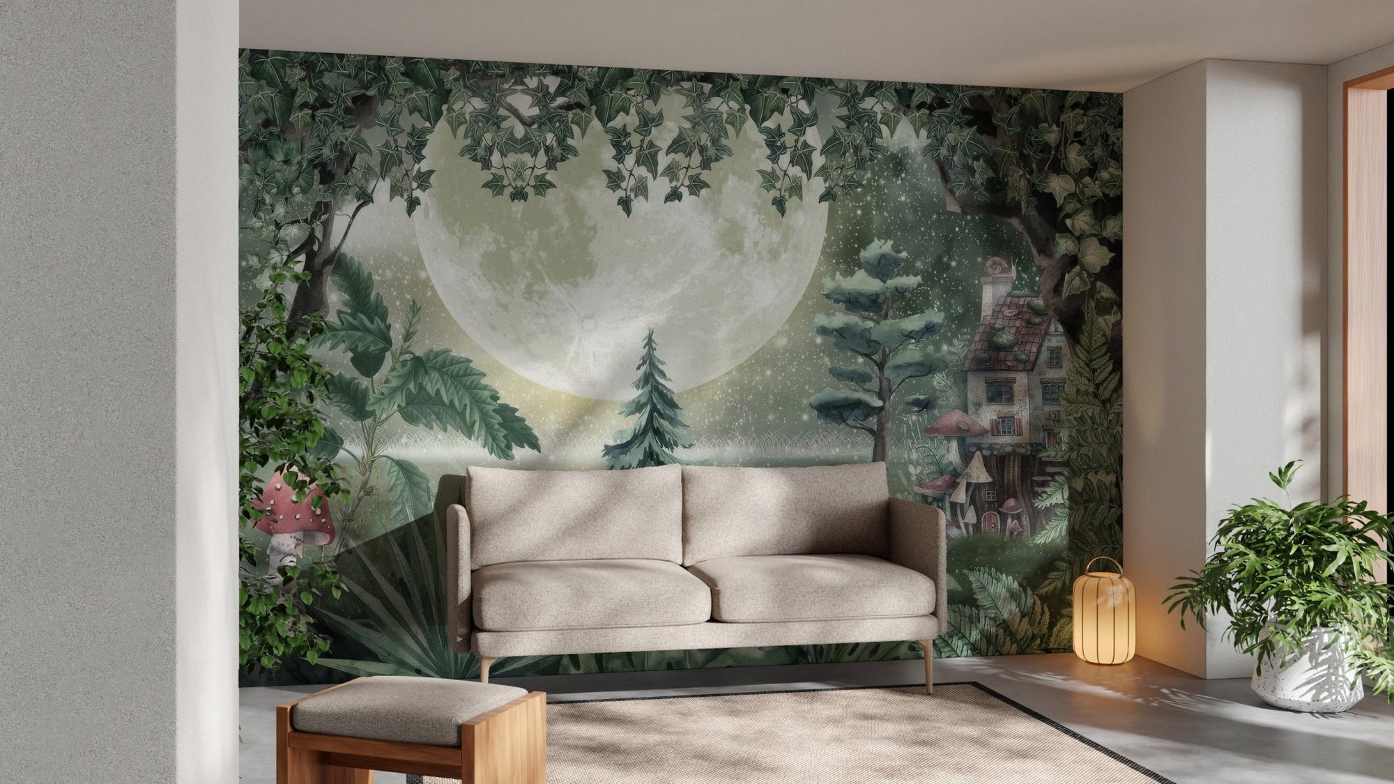 Green magical forest wallpaper with moonlit scenery, C148