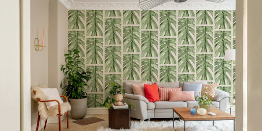 A detailed close-up of a modern wall mural pattern.

