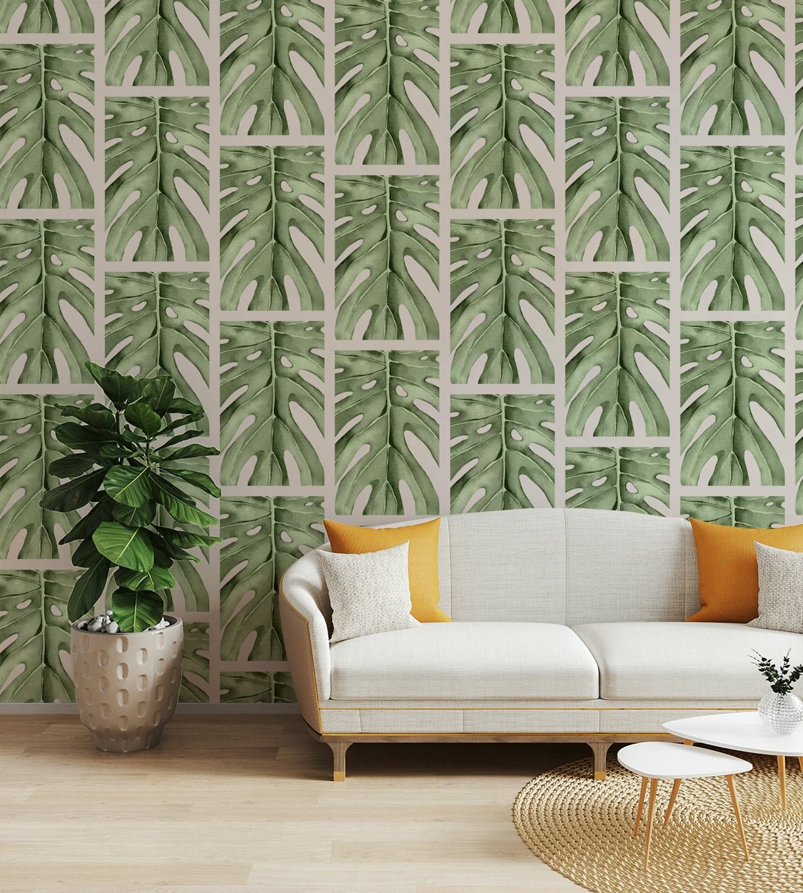 The design features a repeating pattern of green monstera leaves.

