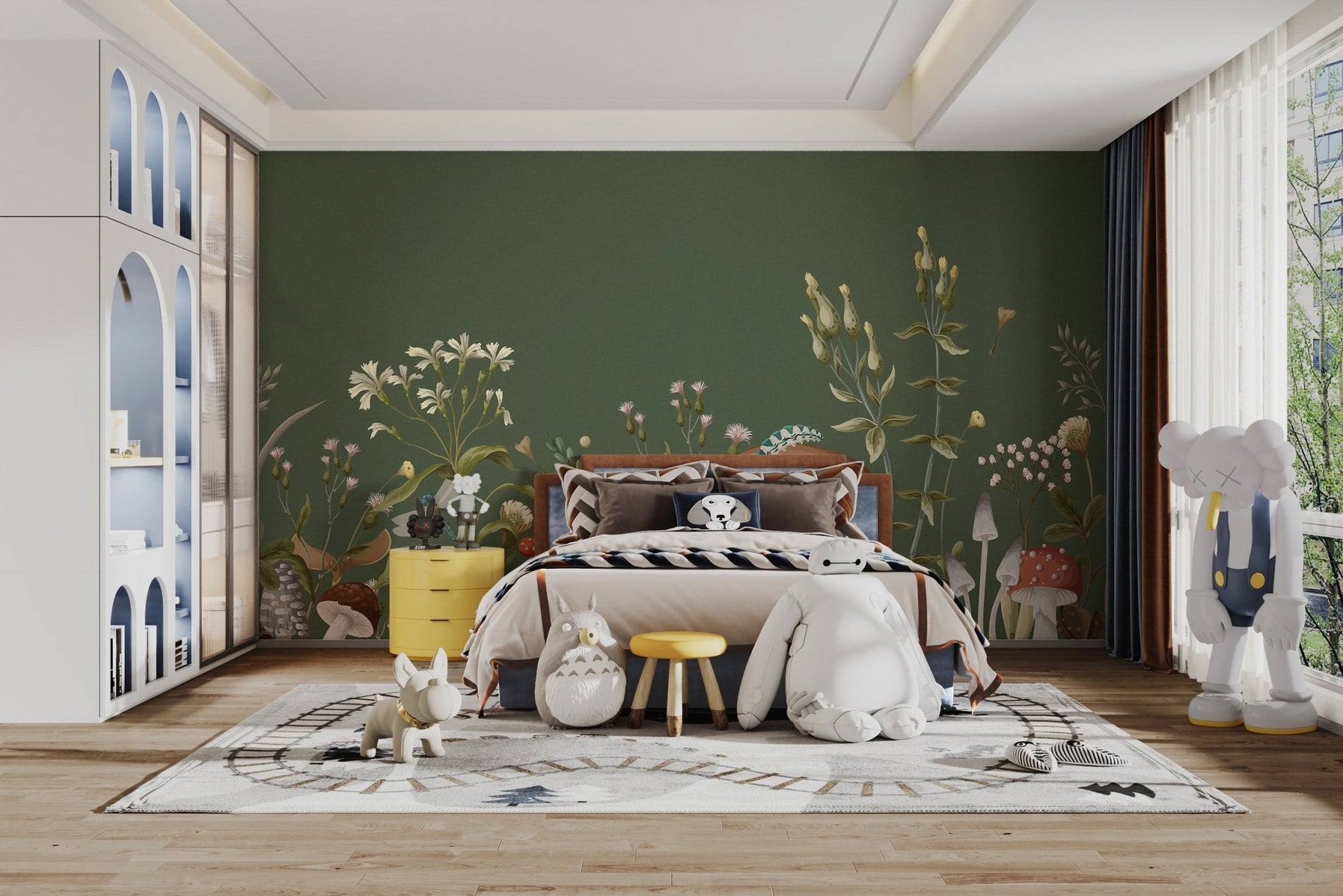 Green Mushroom Garden Wallpaper Mural for nature-inspired spaces C558
