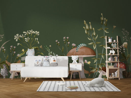Green Mushroom Garden Wallpaper Mural for decor C558
