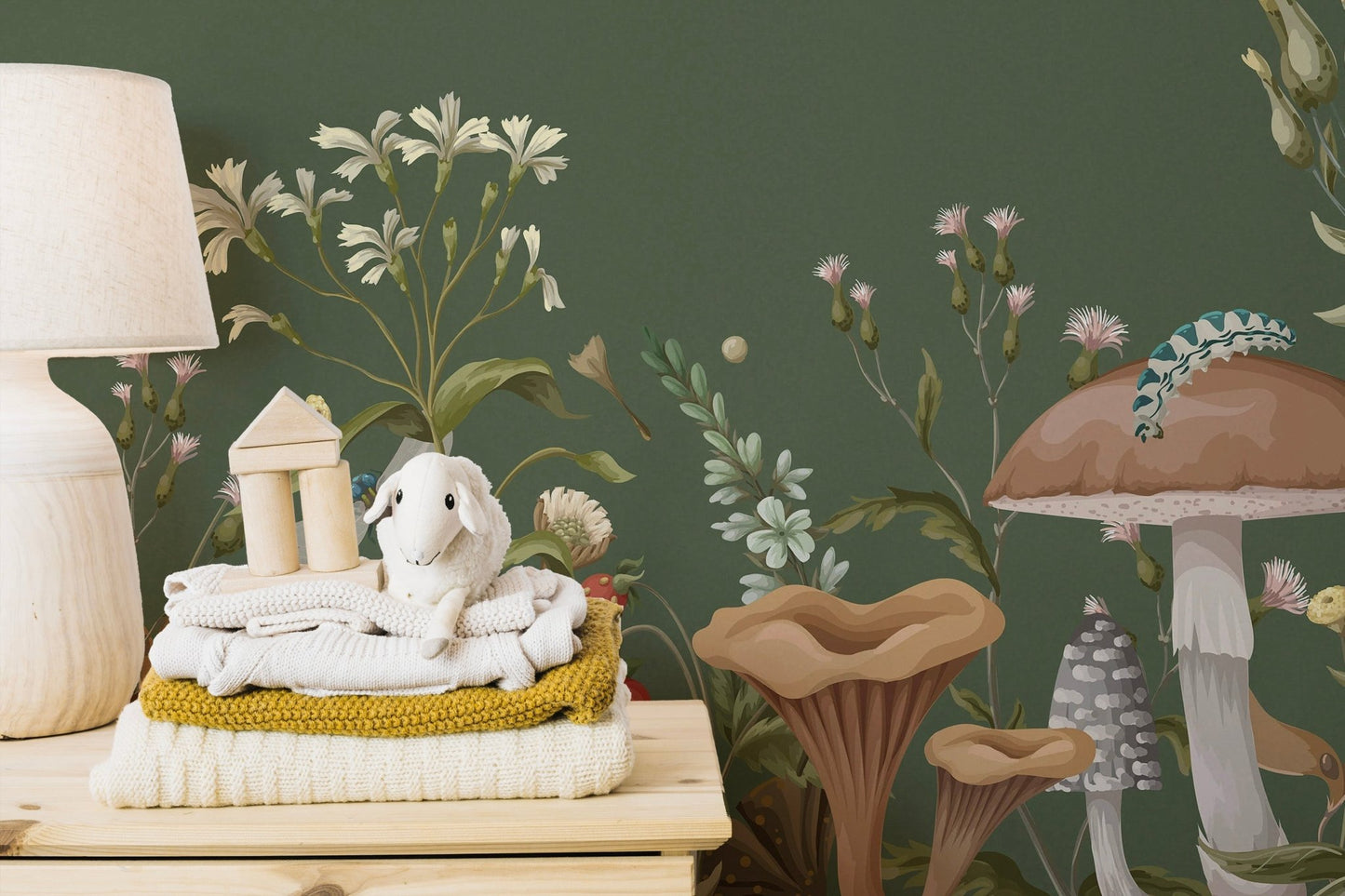 Green Mushroom Garden Wallpaper Mural for playful walls C558