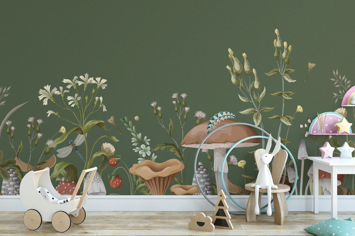 Green Mushroom Garden Wallpaper Mural for cozy interiors C558
