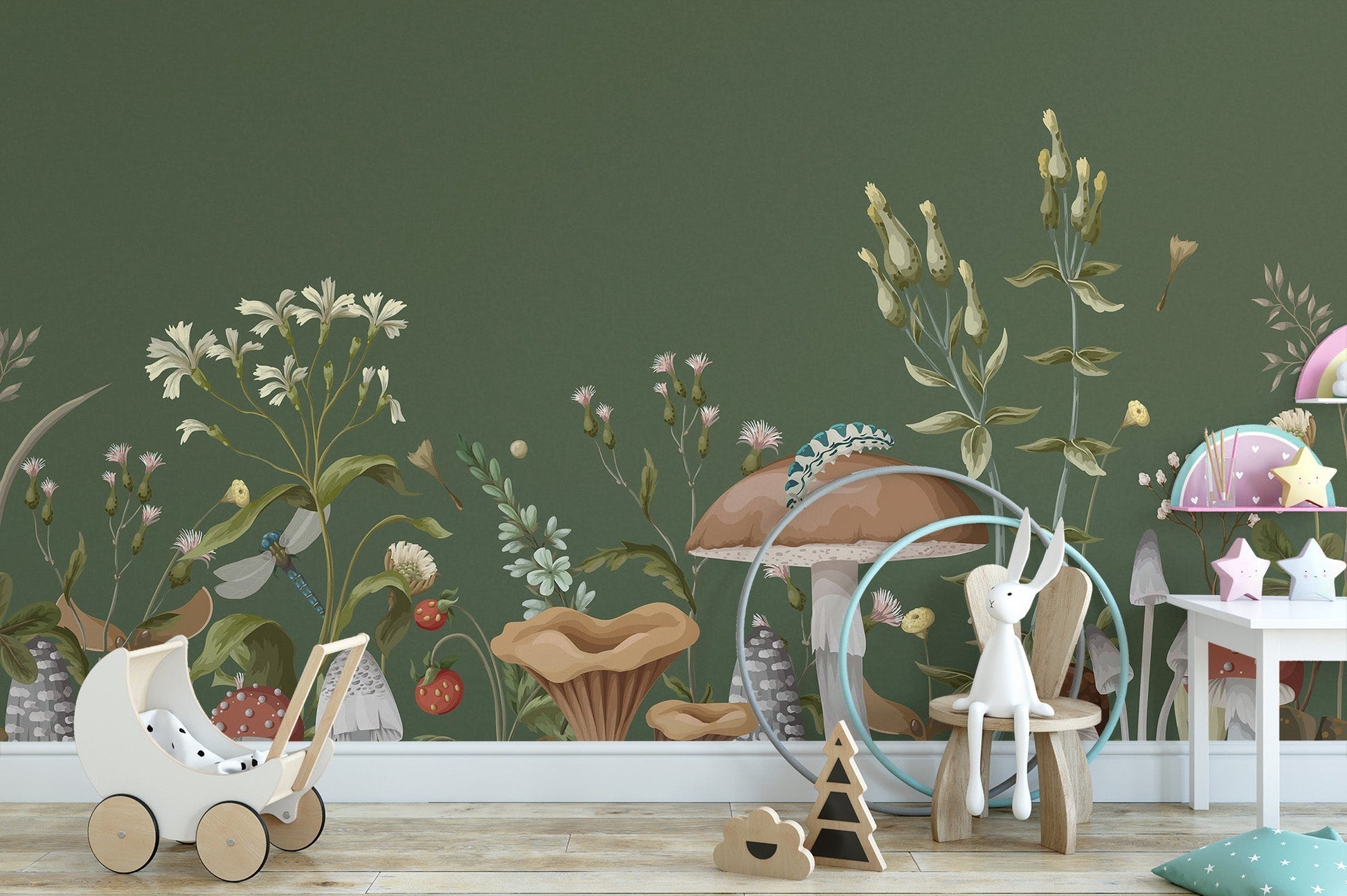 Green Mushroom Garden Wallpaper Mural for cozy interiors C558