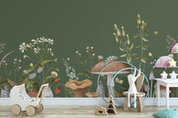 Green Mushroom Garden Wallpaper Mural for cozy interiors C558