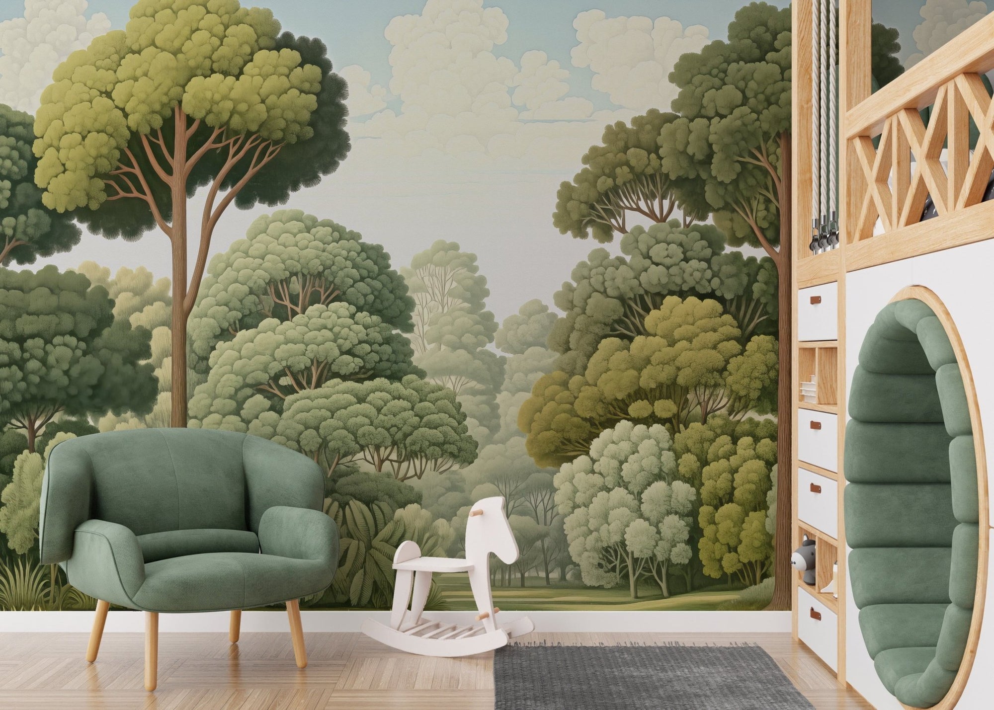 Green natural woodcut forest wallpaper for a rustic, nature-inspired room. DTIL56