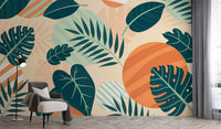 Green Orange Beige Leaves Wallpaper Mural - Giffywalls