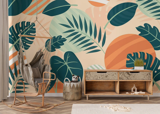 Green Orange Beige Leaves Wallpaper AB-22