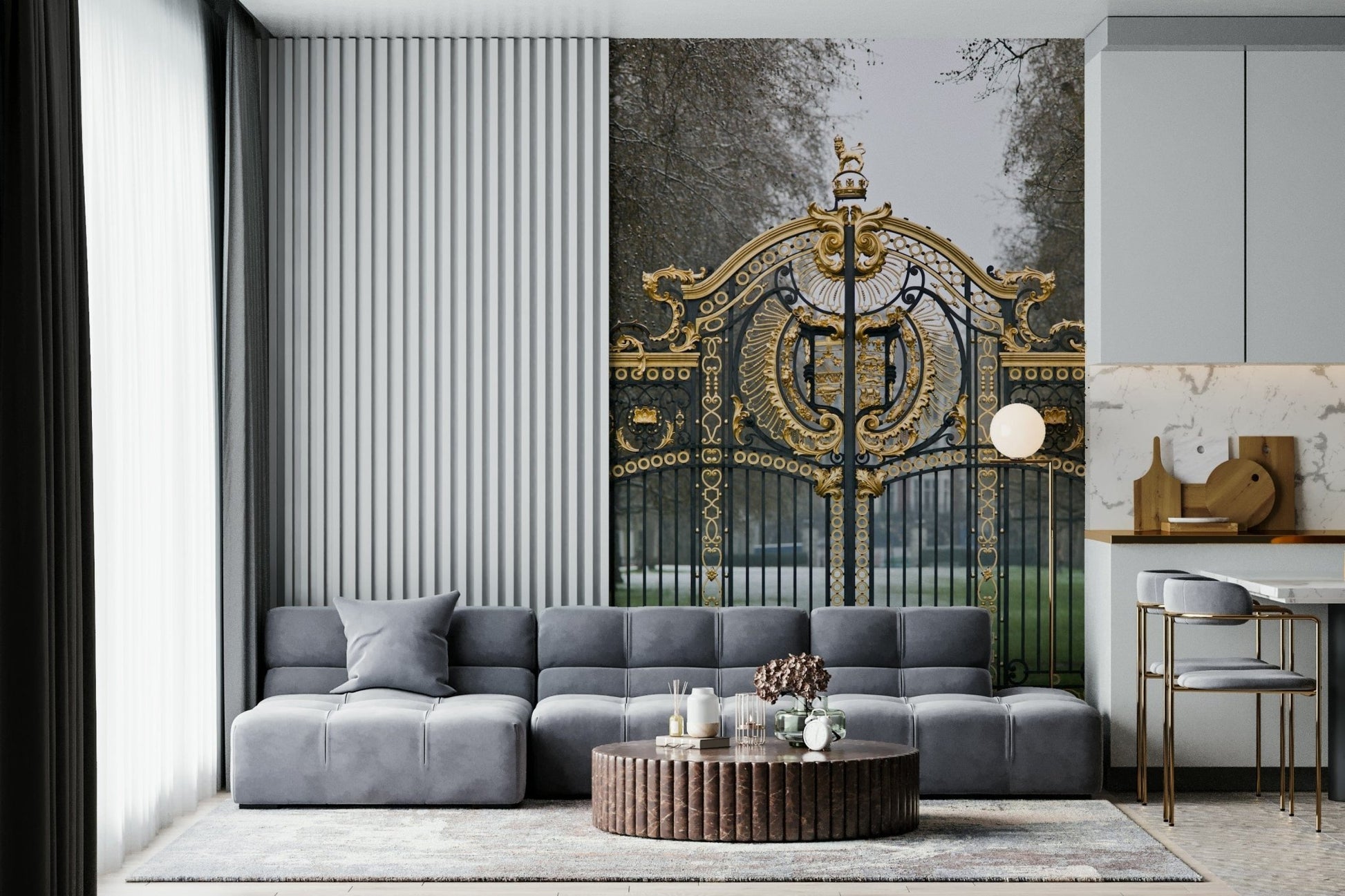 Green Park Gate Wall Mural used in a sleek professional studio wallpaper.