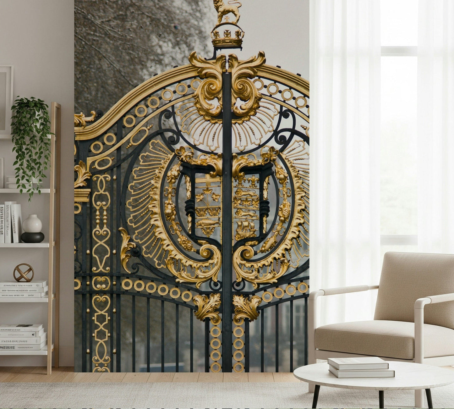 Green Park Gate Wall Mural behind a wooden desk in a home office wallpaper.