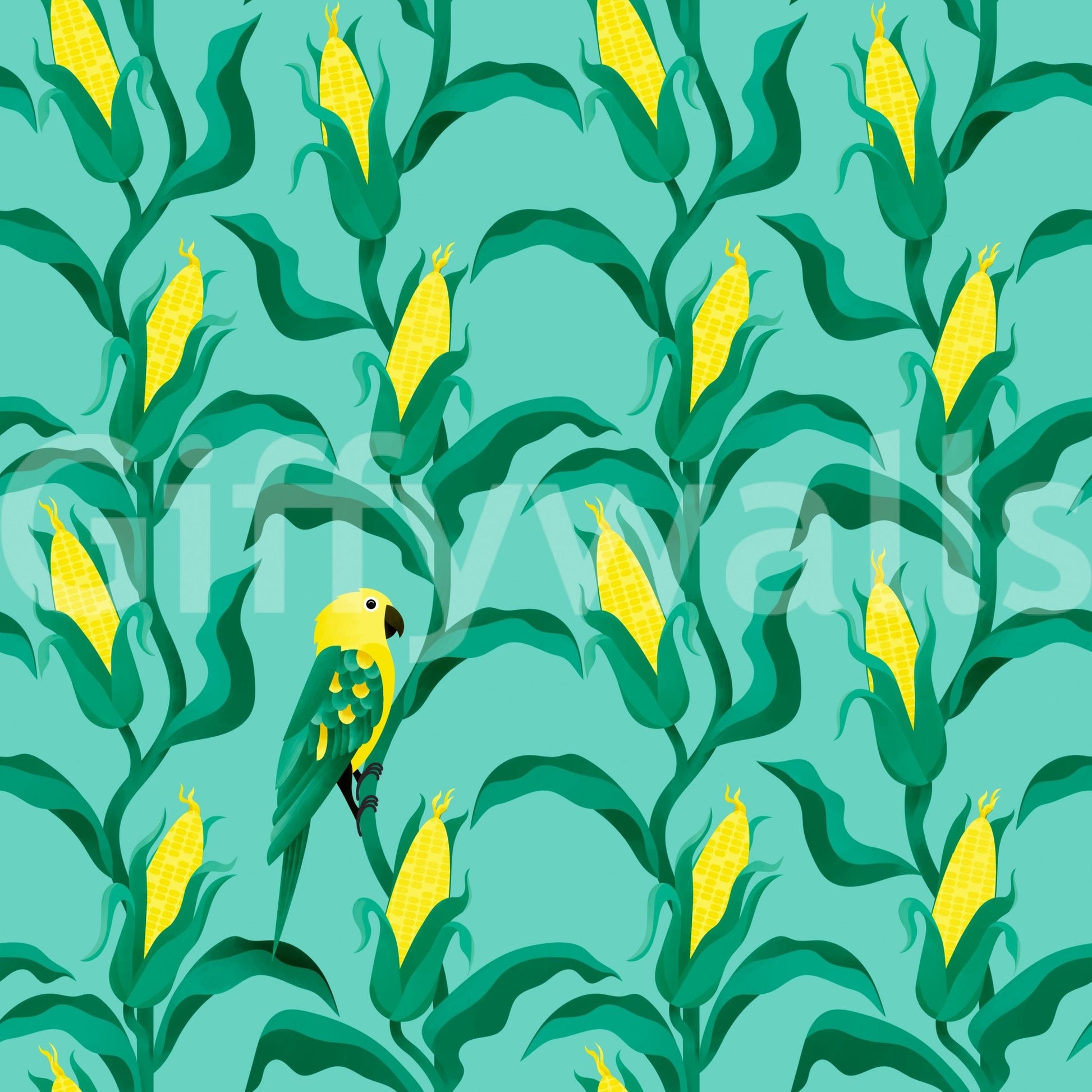 Green bird perched in cartoon corn wallpaper

