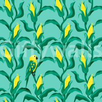 Green bird perched in cartoon corn wallpaper

