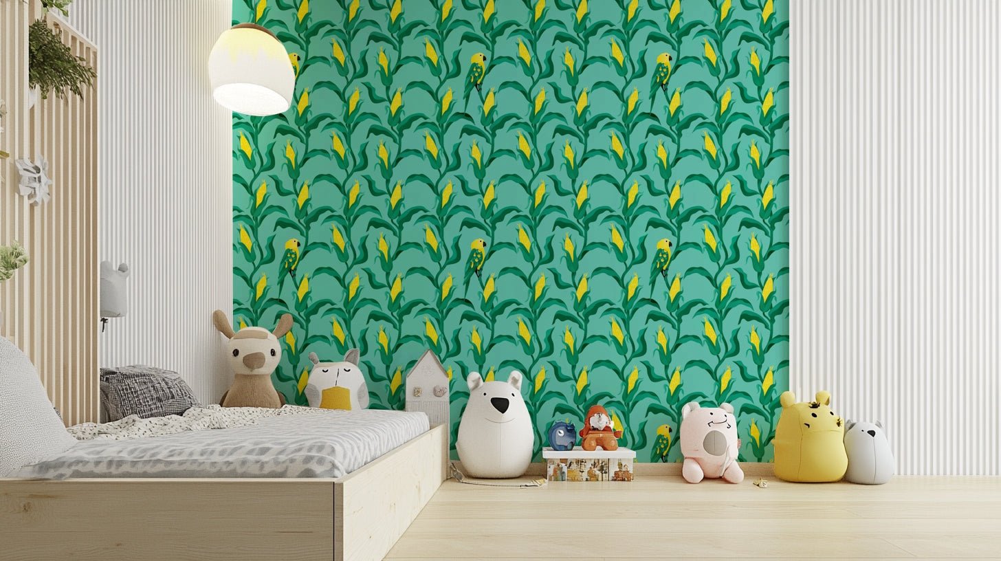 Corn stalks and parrot wall mural in teal

