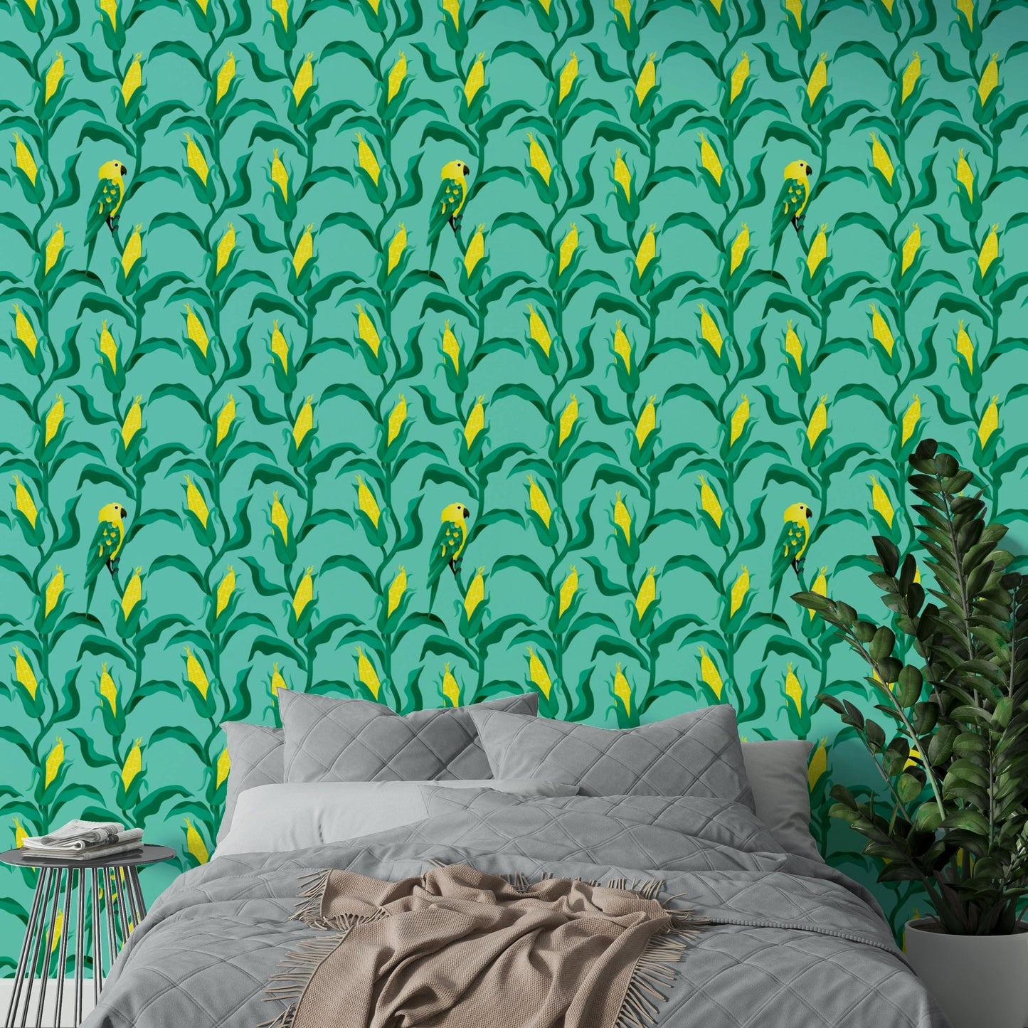Green parrot wallpaper with corn pattern


