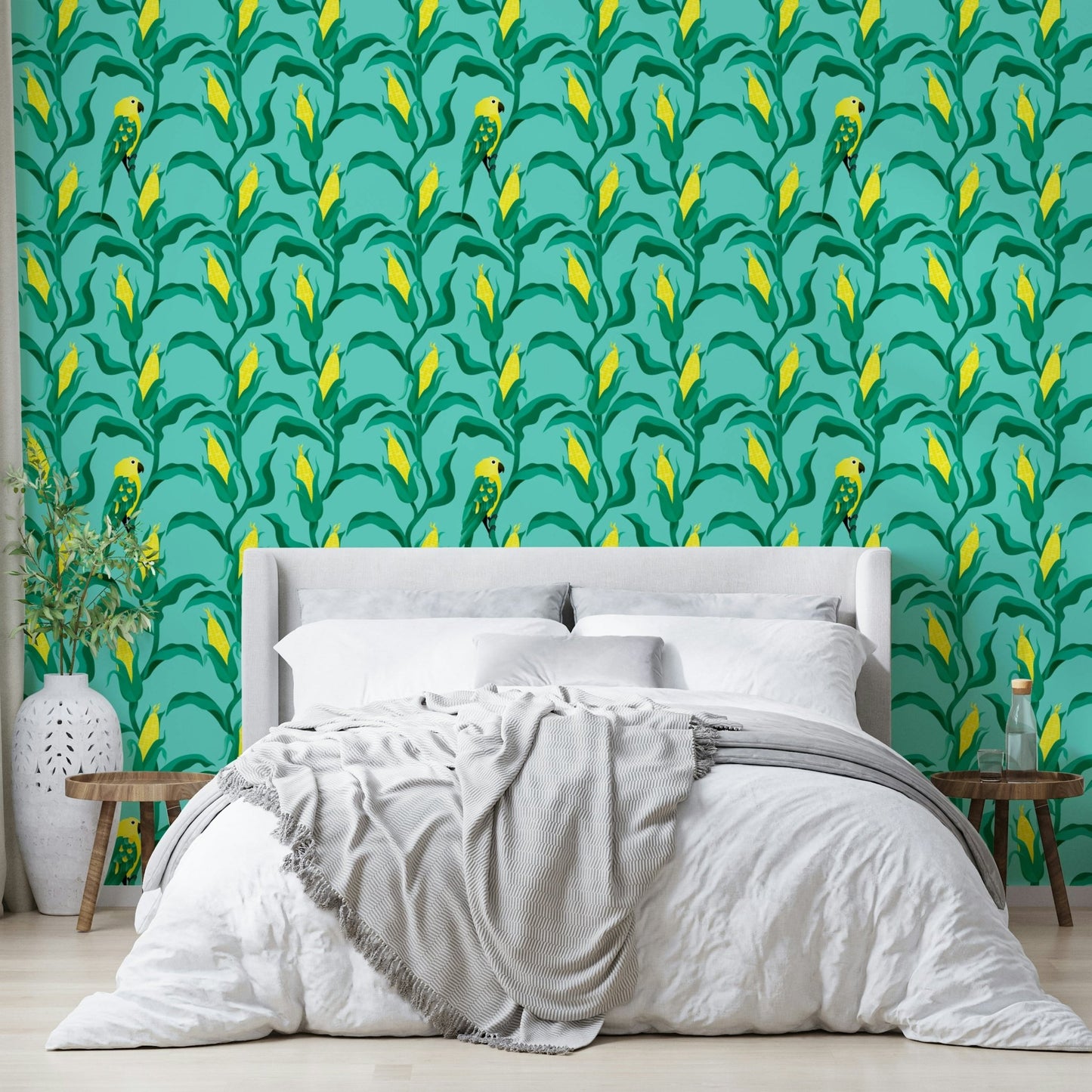 Bright yellow corn and leafy green wallpaper

