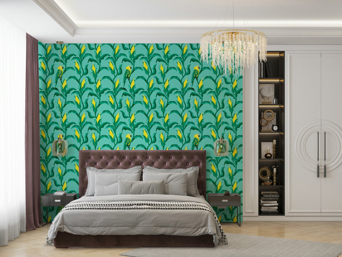 Whimsical wallpaper with corn and jungle bird

