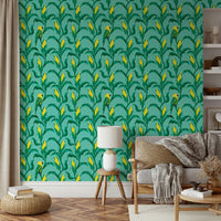 Teal background mural with bold corn pattern

