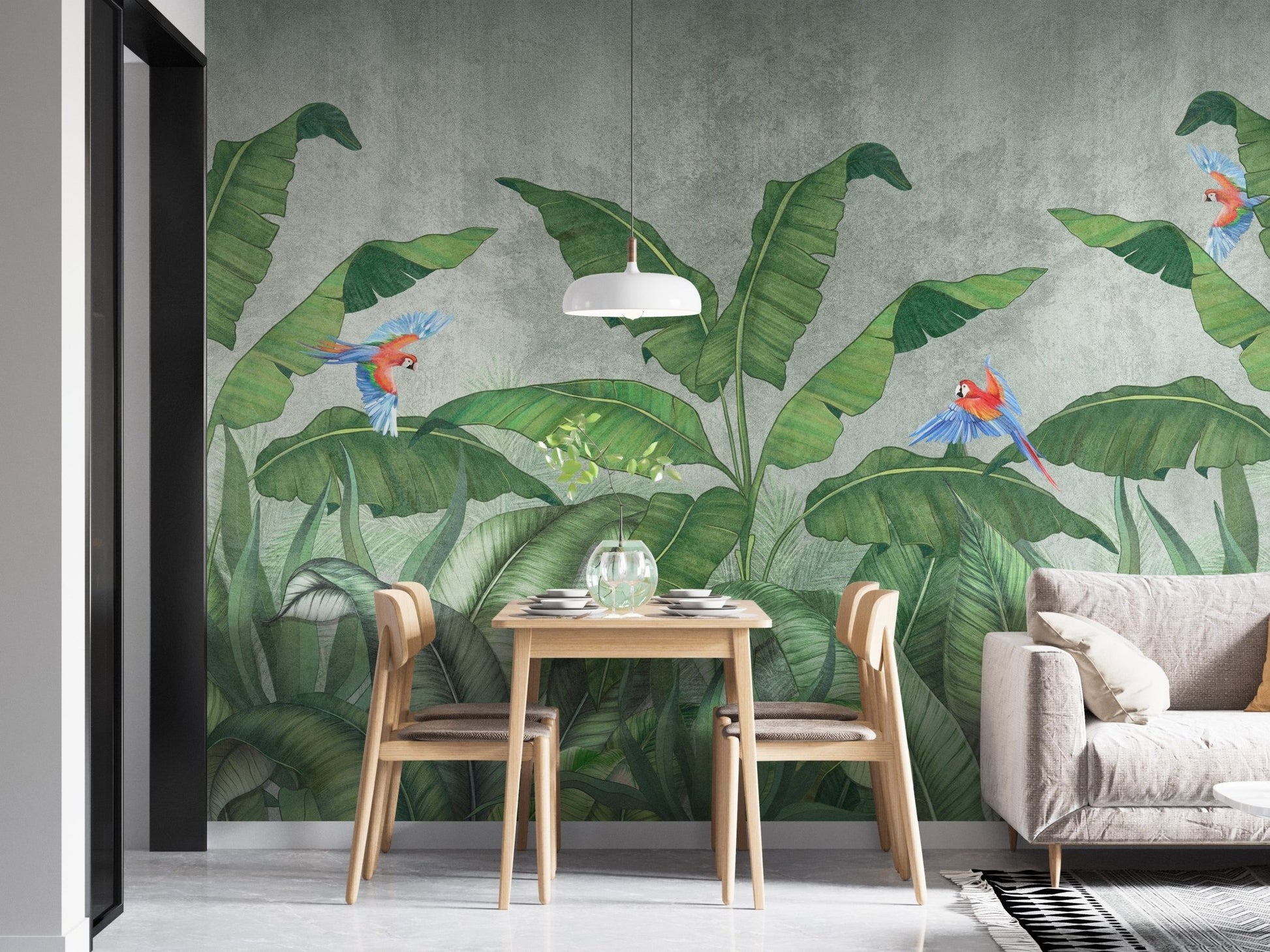 Colorful green plantains and parrots mural for spaces A270